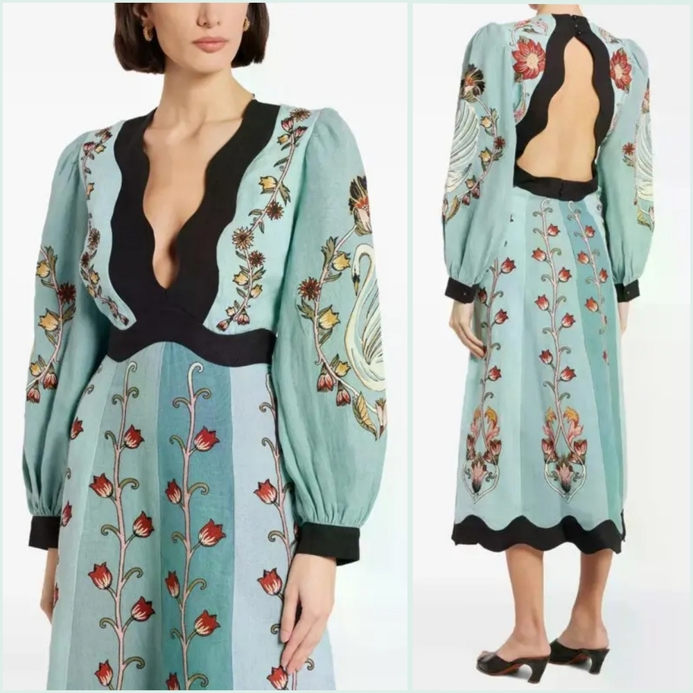 Farm Rio Floral Embroidered Linen Midi Dress